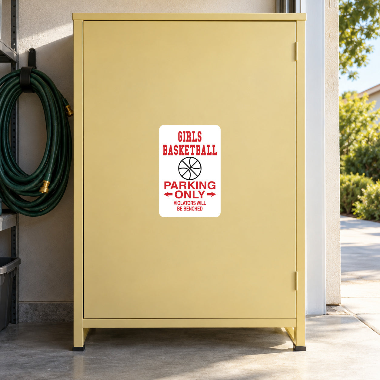 Fun Sign Sticker applied to a pale yellow private garage cabinet