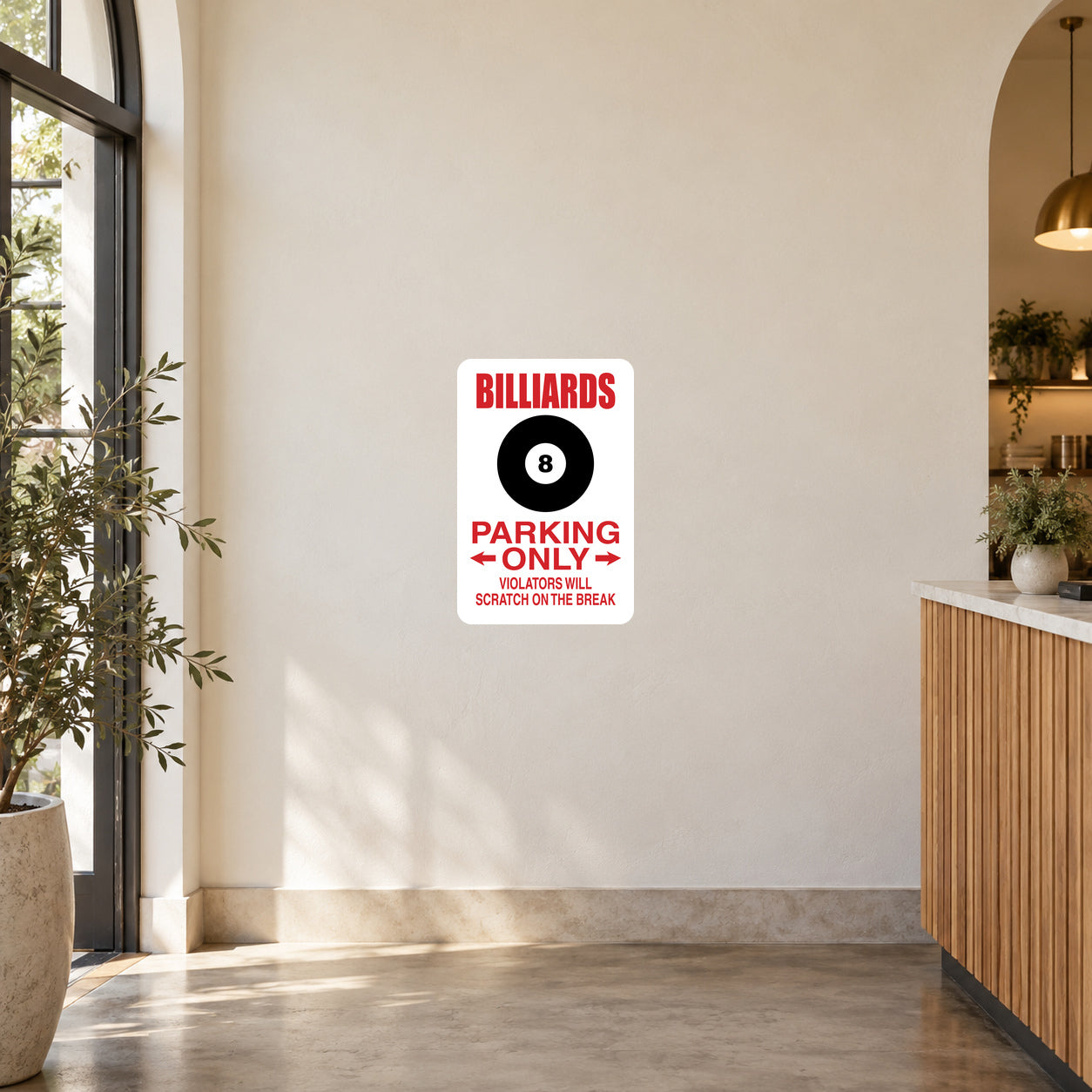 White rectangular sign sticker reading BILLIARDS 8, PARKING ONLY—Scratch-free