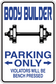 Parking only bench pressed sign sticker with blue bold text and arrow