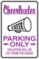 Cheerleader parking only sticker in purple with arrows, 'Violators will be cut from squad'