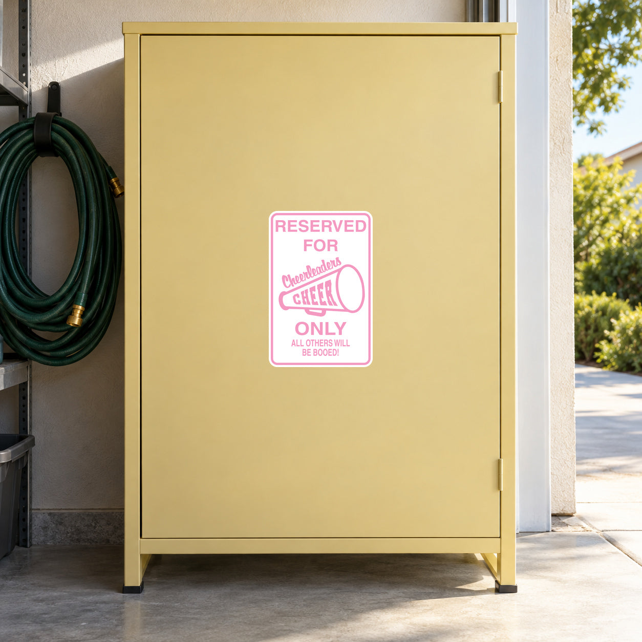 Fun Sign Sticker applied to a pale yellow private garage cabinet