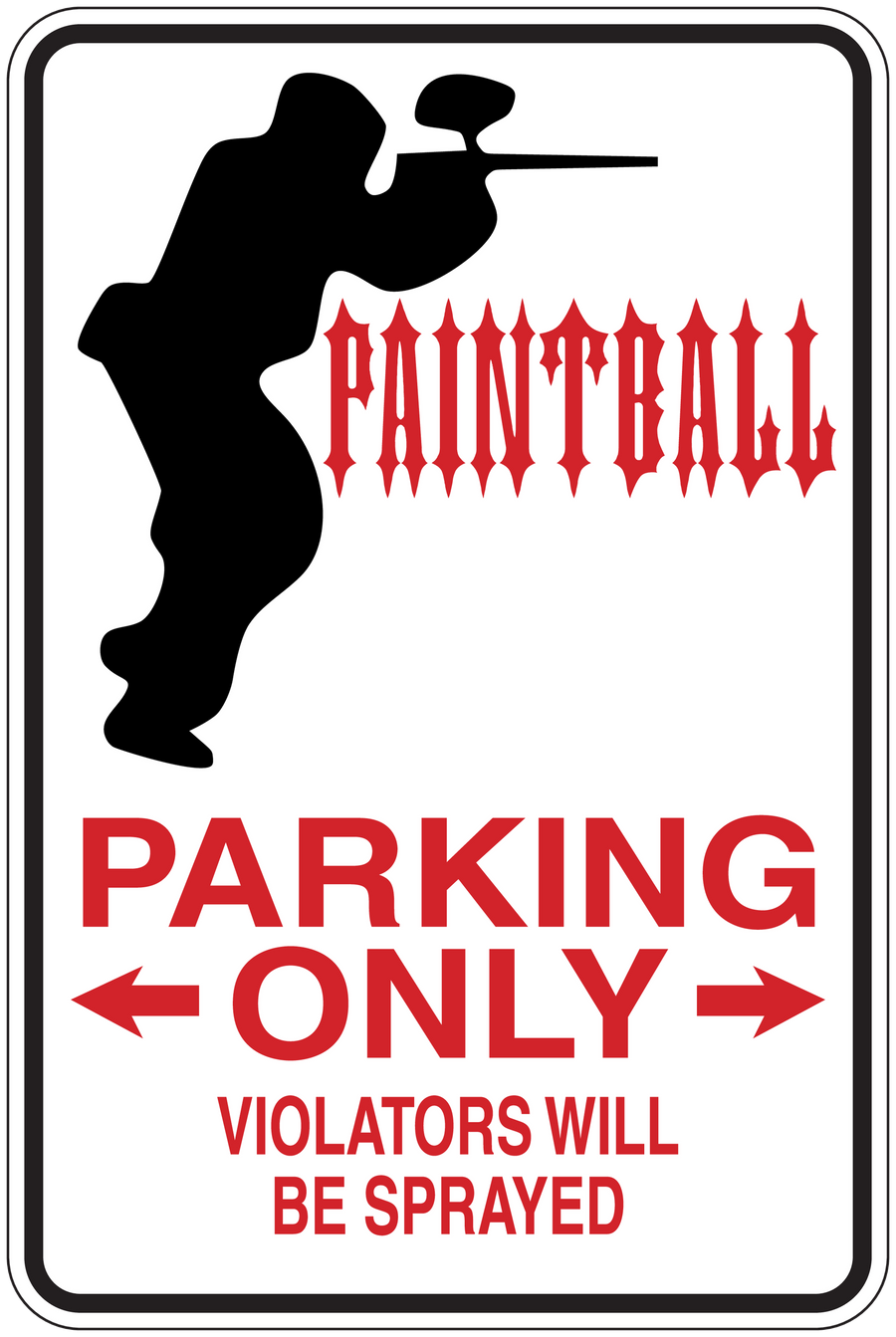 Parking only sticker with silhouette, red text, and arrows reading “Park only”