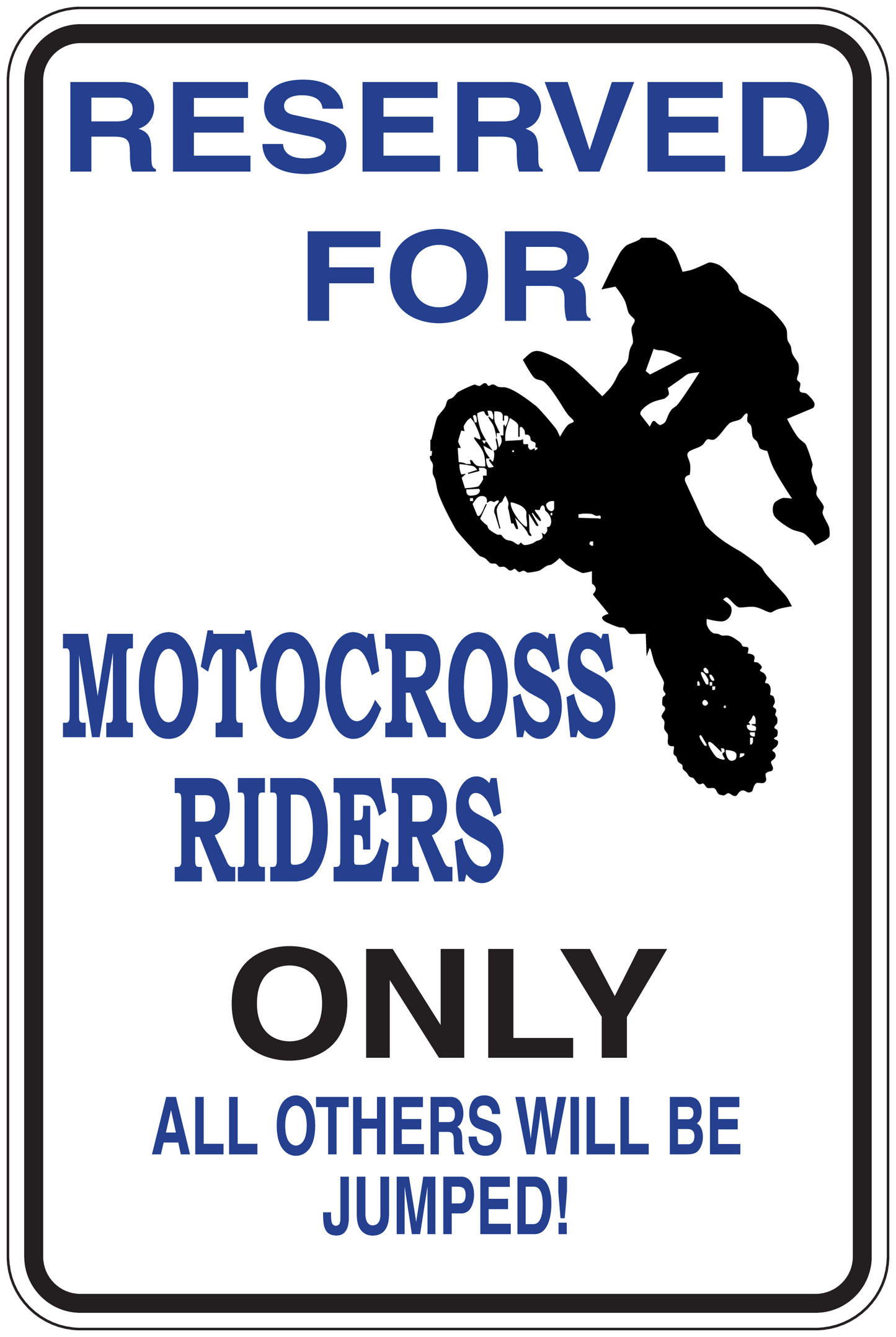 Rectangular reserved motocross rider sign sticker with rider silhouette and blue text