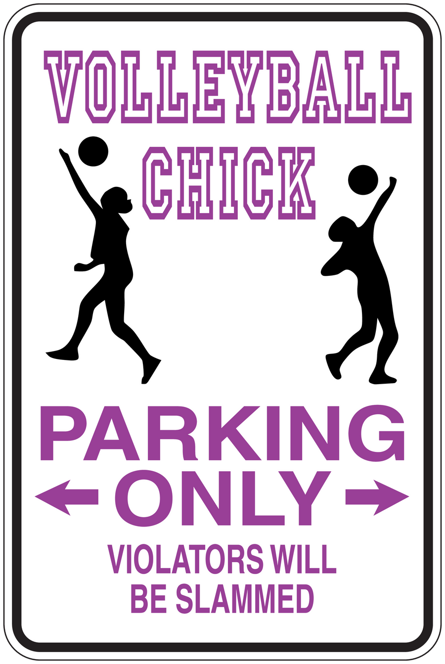 Volleyball parking only sign sticker with purple text, arrows, and two player silhouettes