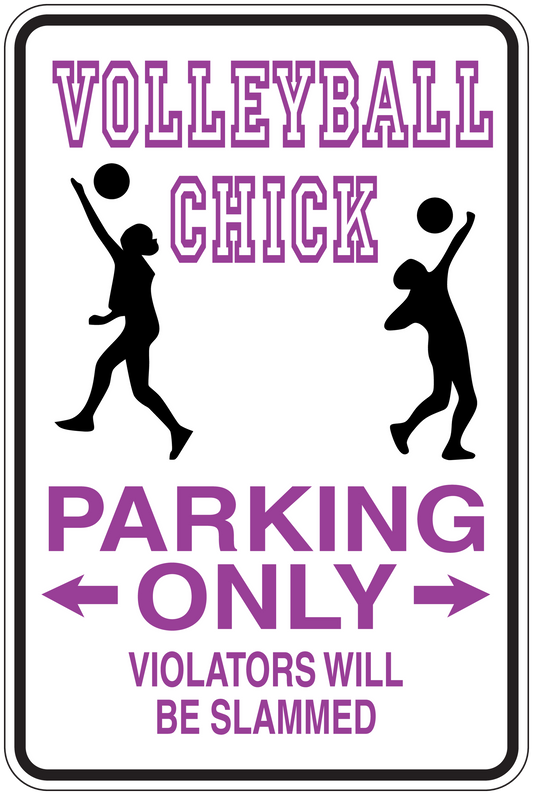 Volleyball parking only sign sticker with purple text, arrows, and two player silhouettes
