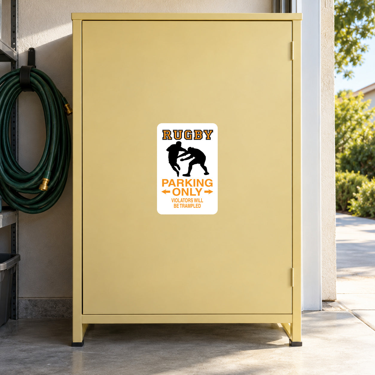 Fun Sign Sticker applied to a pale yellow private garage cabinet