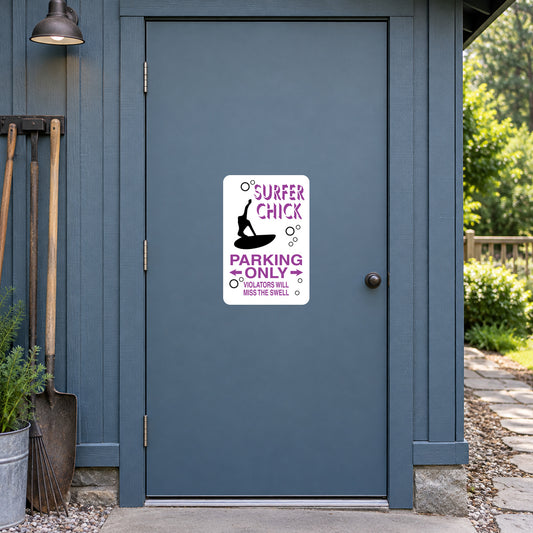 White rectangular sign sticker with pink chick graphic and "PARKING ONLY" text