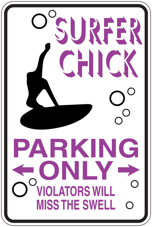 Surfer parking only sign sticker with purple text and black surfer silhouette