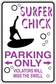 Surfer parking only sign sticker with purple text and black surfer silhouette