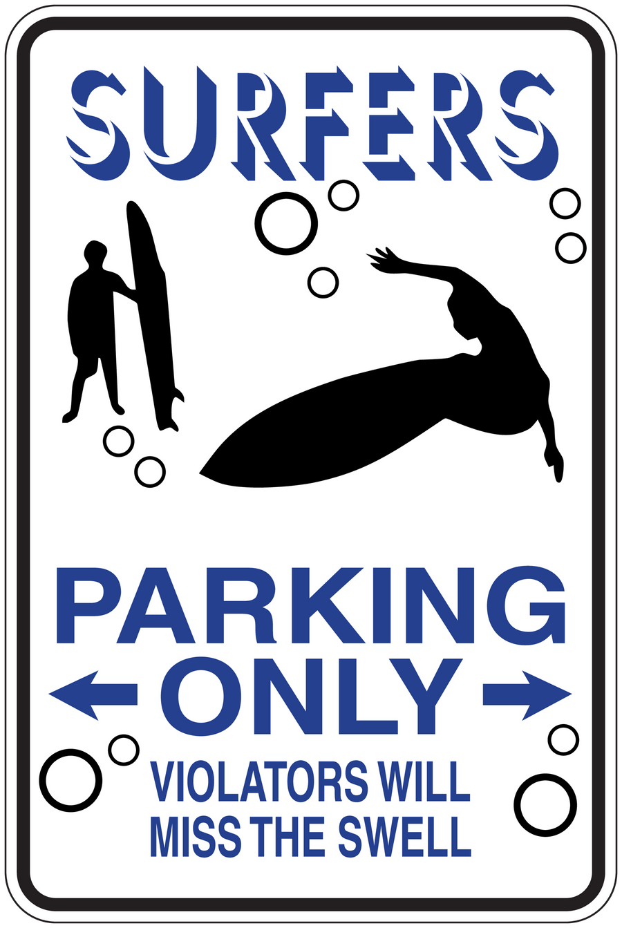 Surf parking only sign sticker with surfers text and wave silhouette