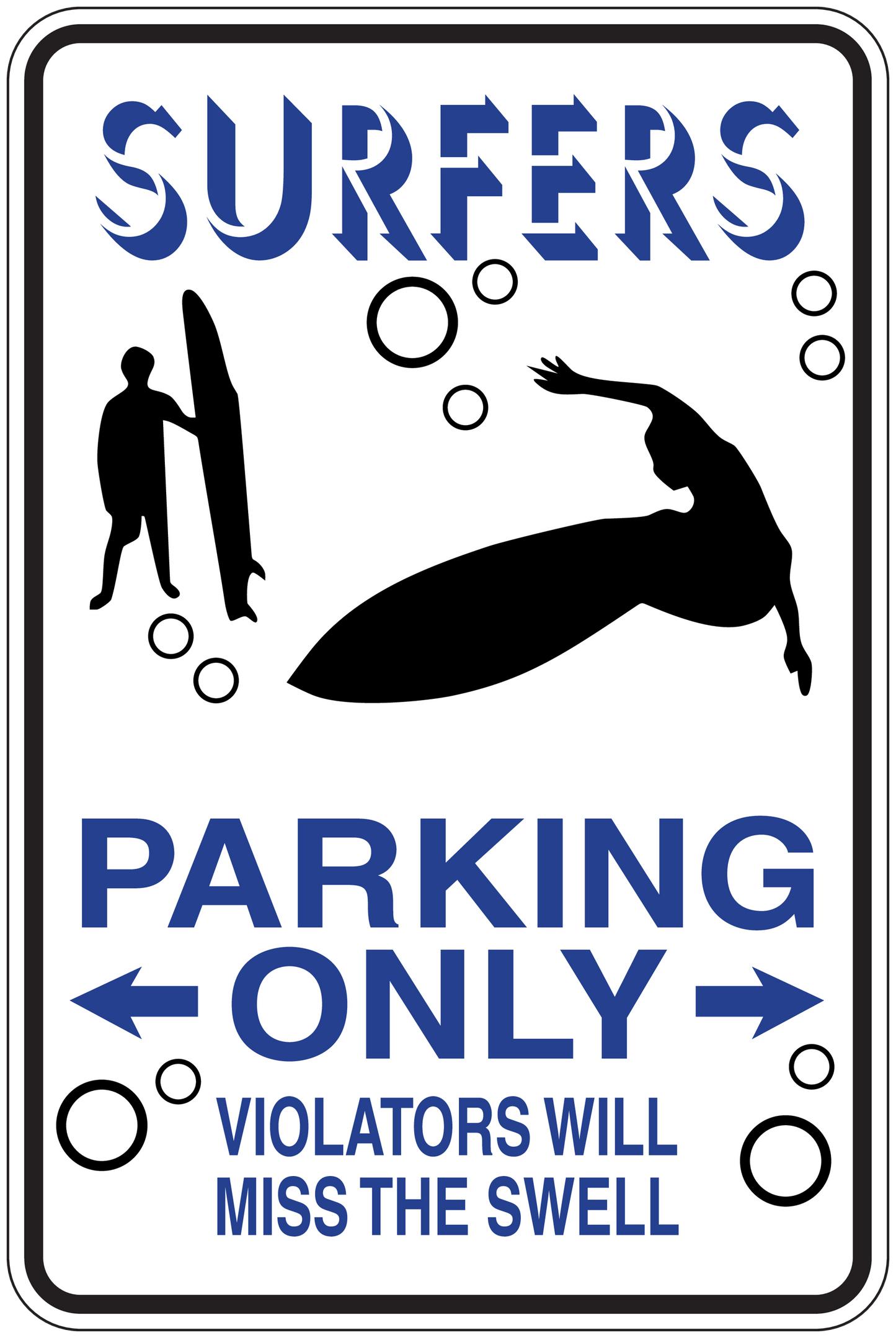 Surf parking only sign sticker with surfers text and wave silhouette