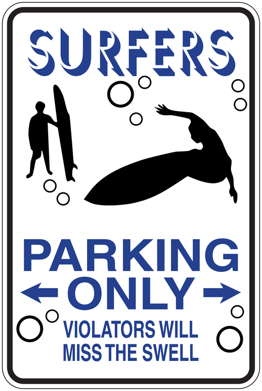 Surf parking only sign sticker with surfers text and wave silhouette