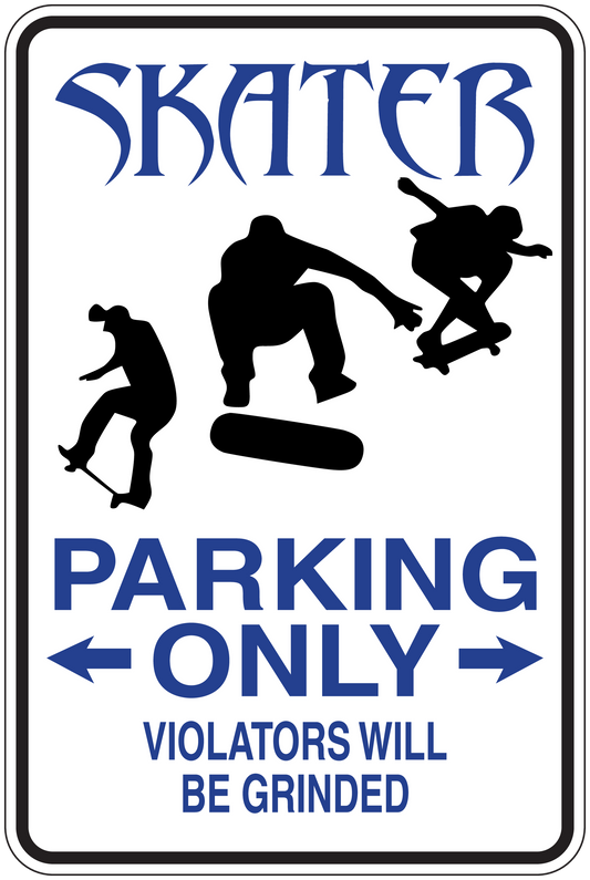 Fun sign sticker with blue skate silhouettes and 'Parking Only' warning text
