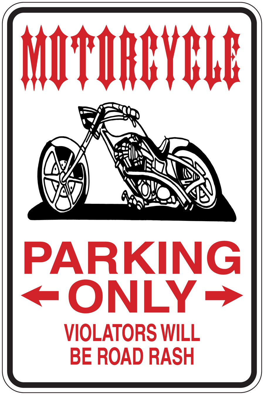 Parking only warning sticker with motorcycle graphic, red text: violators will be road rash