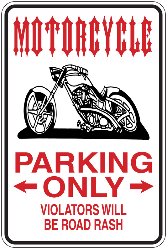 Parking only warning sticker with motorcycle graphic, red text: violators will be road rash