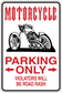 Parking only warning sticker with motorcycle graphic, red text: violators will be road rash