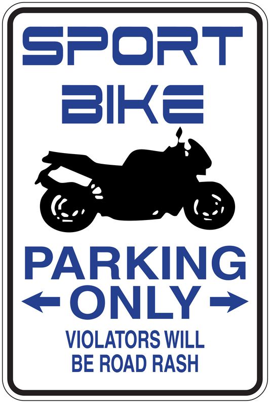 Square fun sign sticker: blue 'PARKING ONLY' with sport bike silhouette