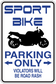 Square fun sign sticker: blue 'PARKING ONLY' with sport bike silhouette