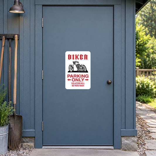 Fun Sign Sticker applied to a slate blue rural workshop door