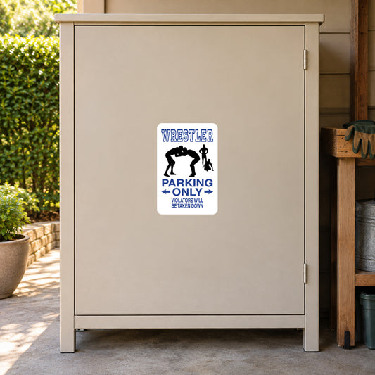 Fun Sign Sticker applied to a beige private driveway workshop cabinet