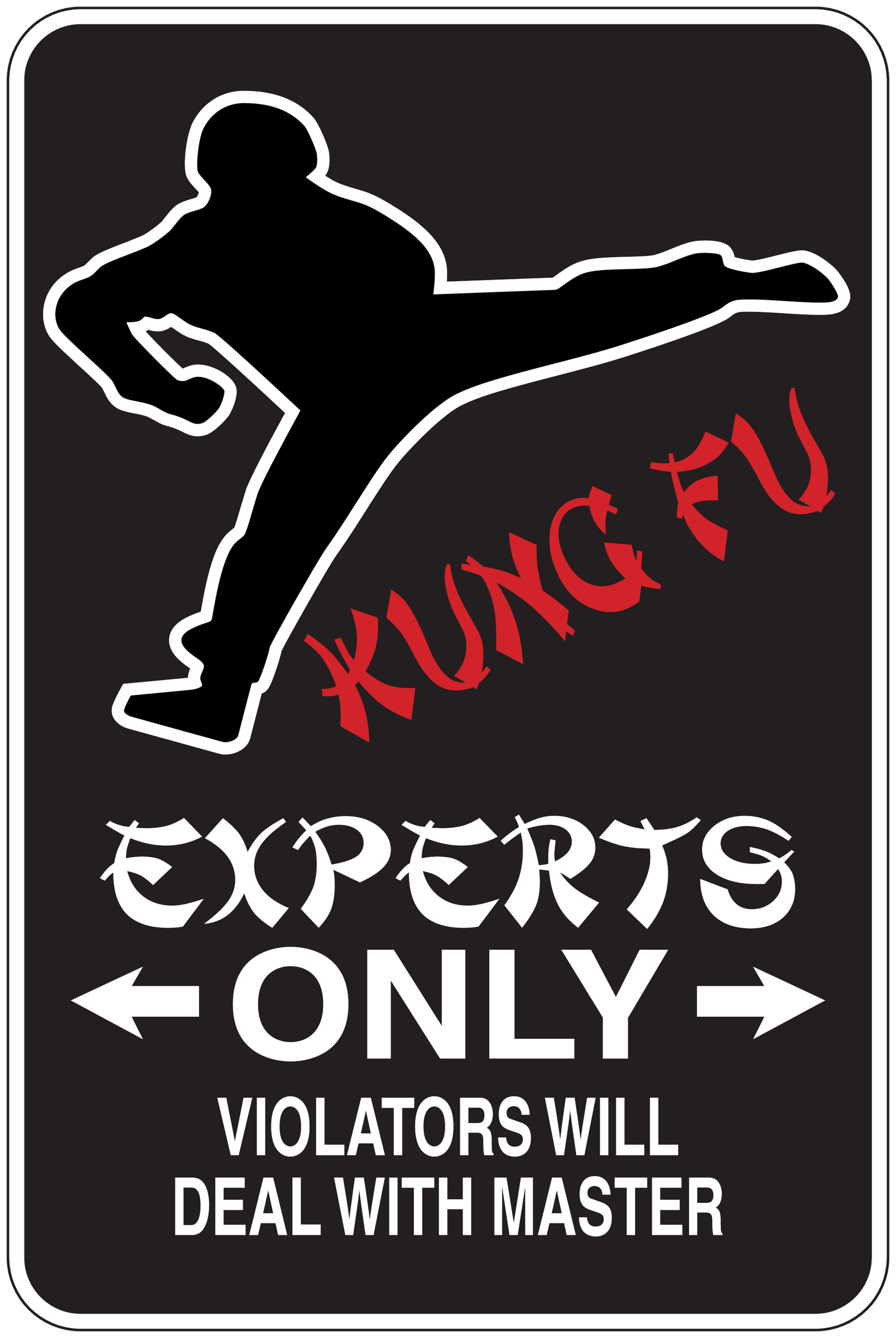 Black sign sticker: white martial artist outline, red "KUNG FU", "EXPERTS ONLY" text.