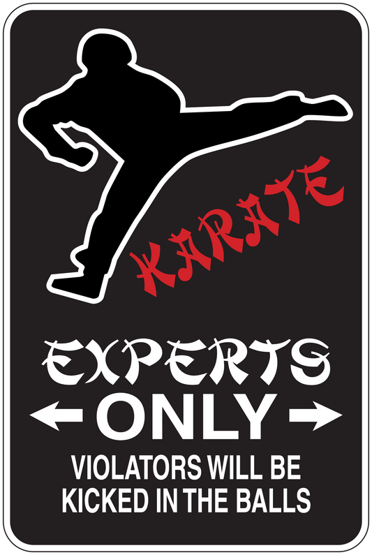 Black sign sticker with white outline figure, red lettering, and "EXPERTING ONLY"