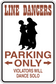 Rectangular line dancers parking only sign sticker with silhouettes and text, brown and white.