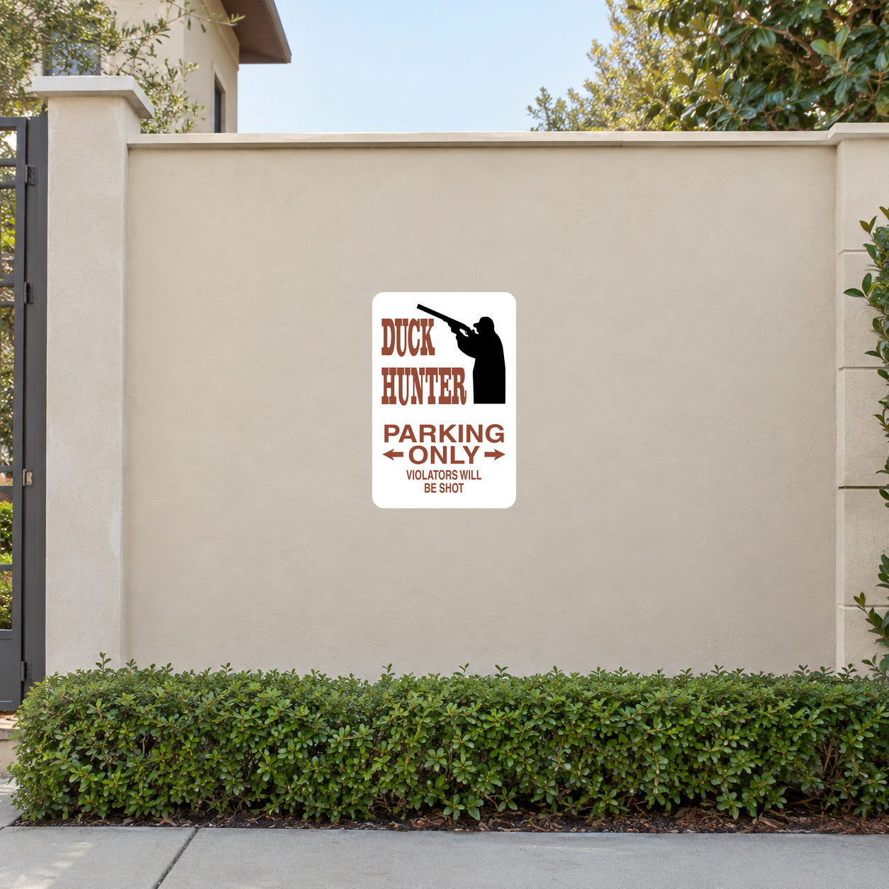 Square duck hunter parking only sticker, white with red and black text