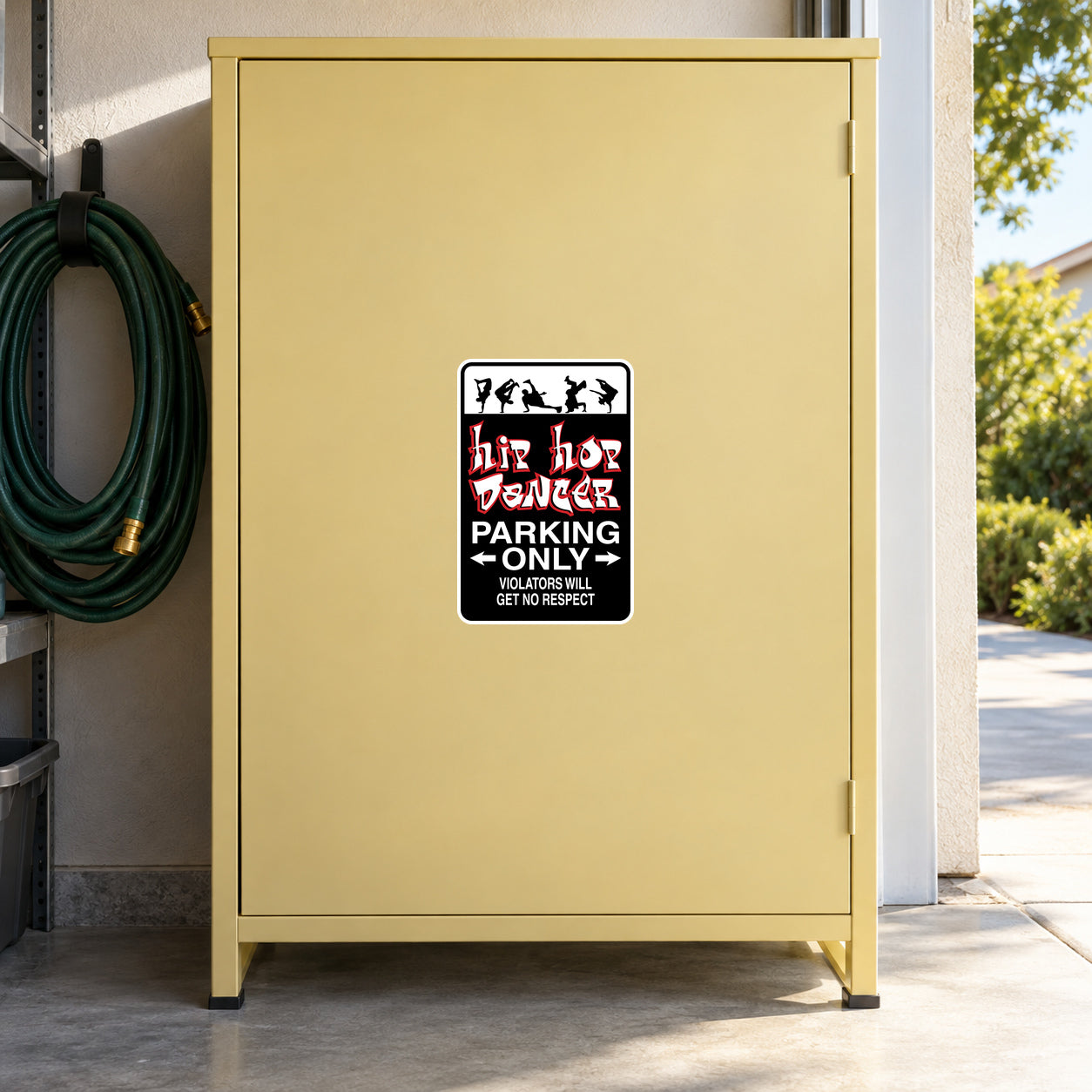 Rectangular sticker with bold red/black text: 'PARKING ONLY' and arrows