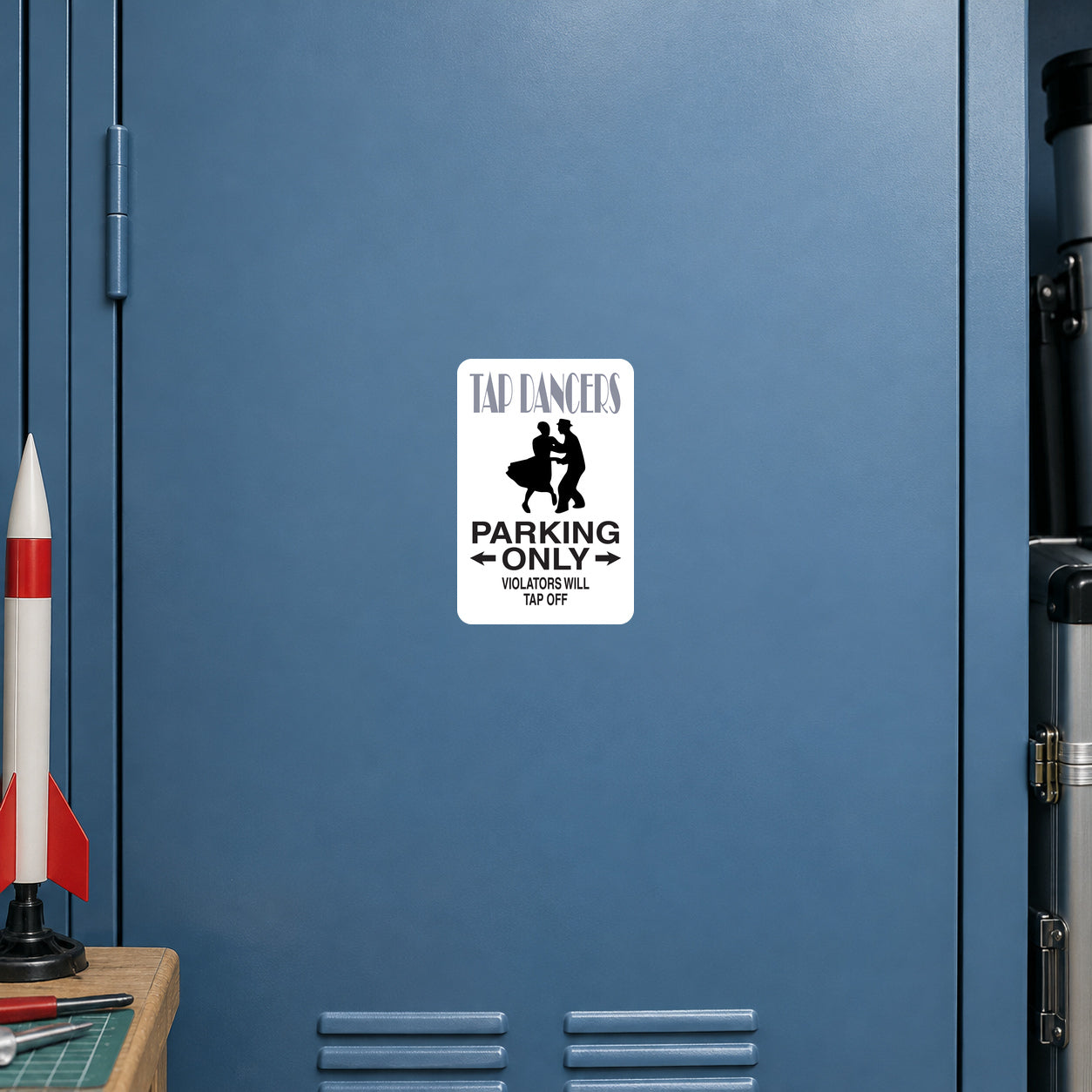 Fun sign sticker with tap dancer silhouette and "Parking Only" text on white square.