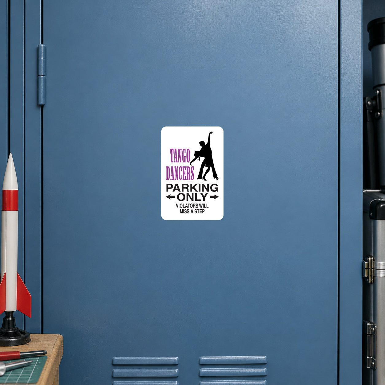 White square parking sign sticker with black dancing figure and “PARKING ONLY” text
