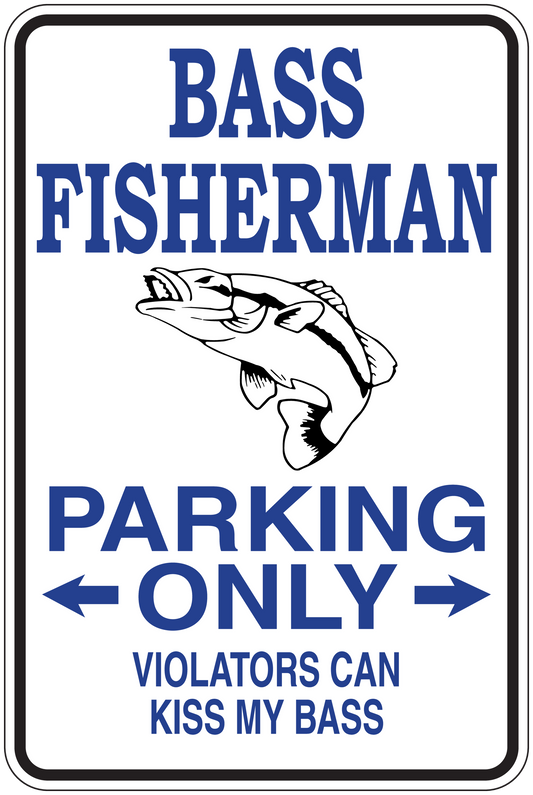 Rectangular bass fisherman sign sticker with fish graphic and text: Parking Only
