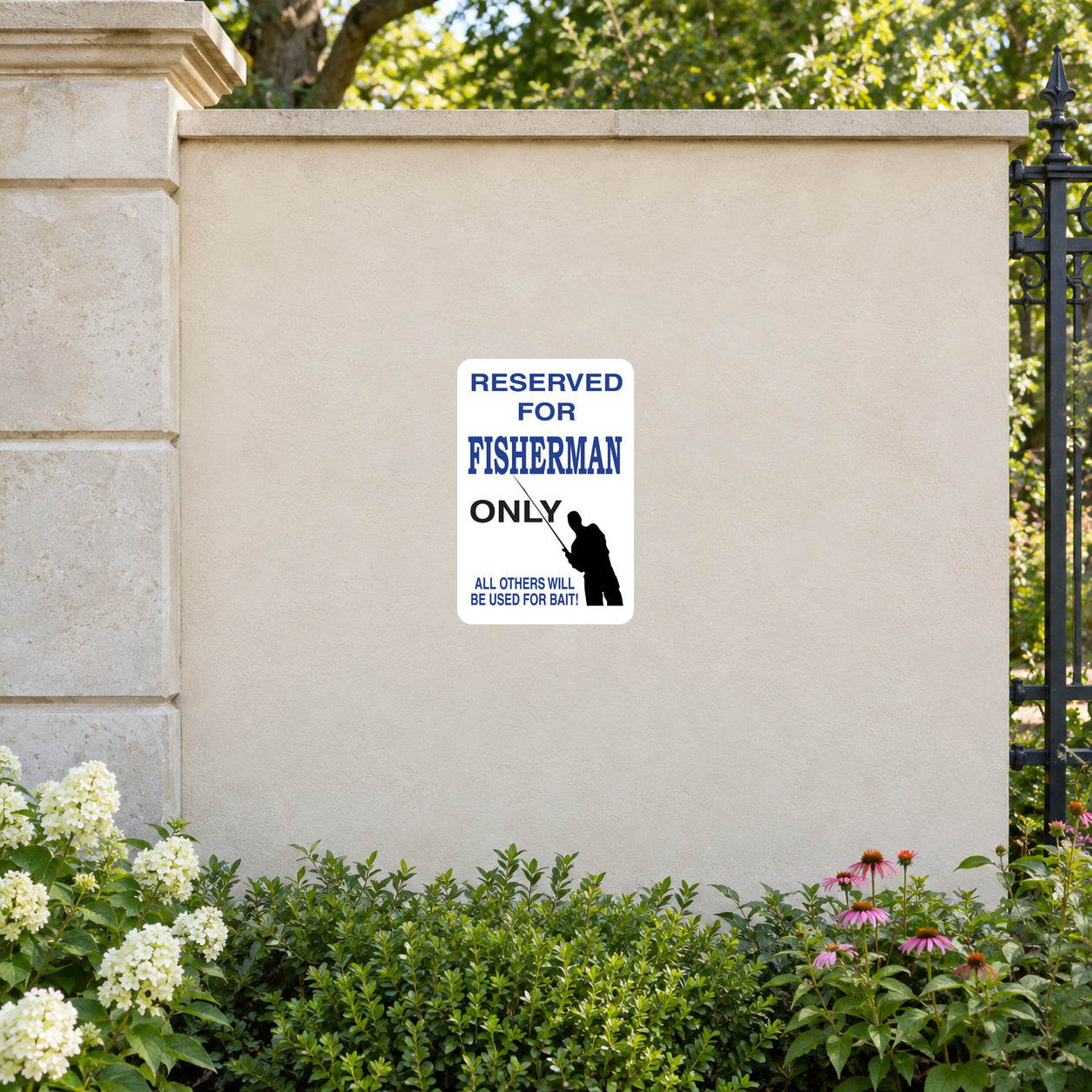 Reserved fisherman only sign sticker with blue text and silhouette