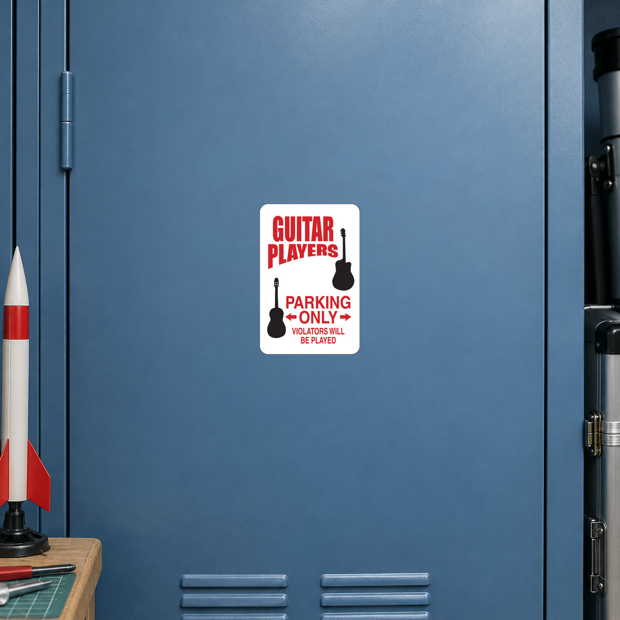 White rectangular parking sign sticker with red guitar players text and arrows