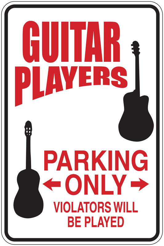 Guitar players parking only sign sticker with guitar icons and red bold warning text