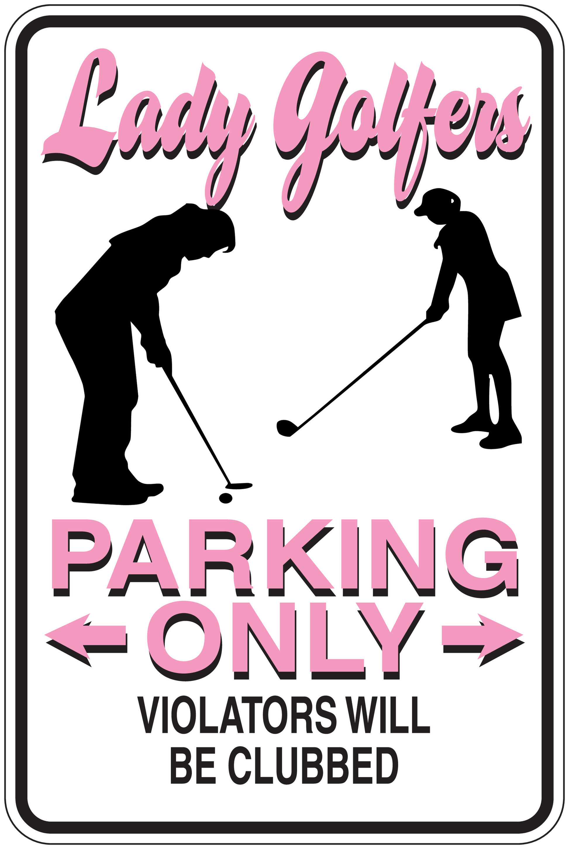 Golf parking only sign sticker with two golfer silhouettes and Violators will be clubbed text