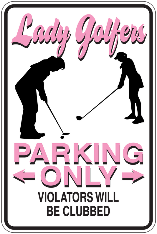 Golf parking only sign sticker with two golfer silhouettes and Violators will be clubbed text