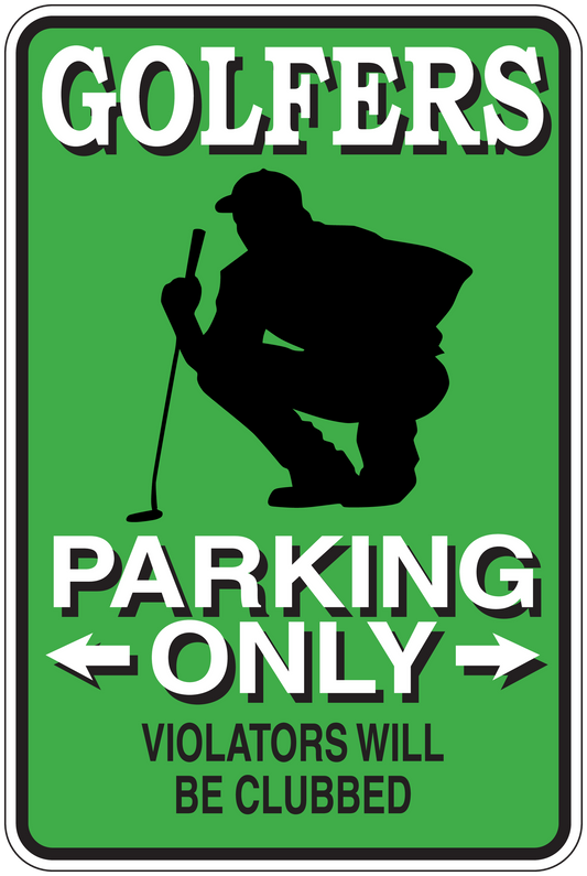 Green sign sticker with golfer silhouette reading 'GOLFERS PARKING ONLY'.