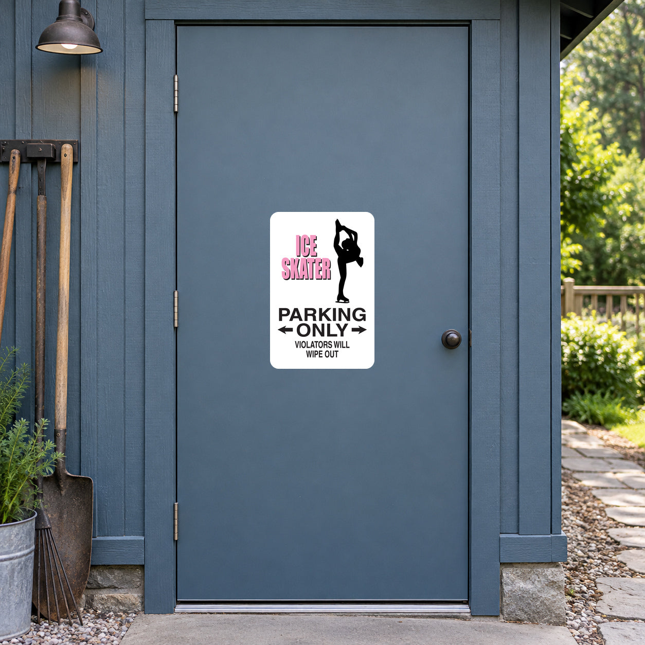 Fun Sign Sticker applied to a slate blue rural workshop door
