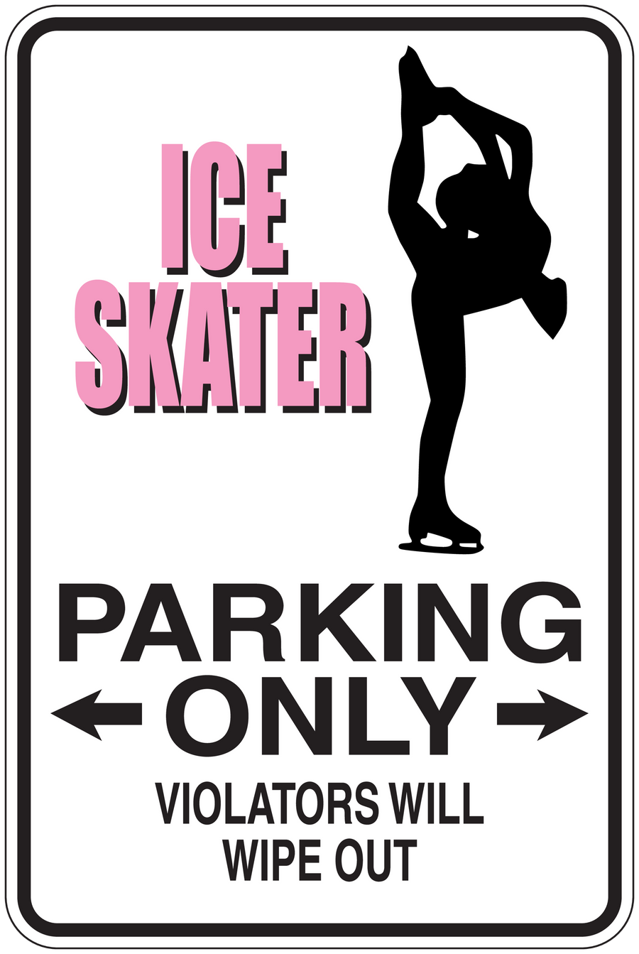 Ice skater parking only warning sign sticker with arrows and 'Violators will wipe out'
