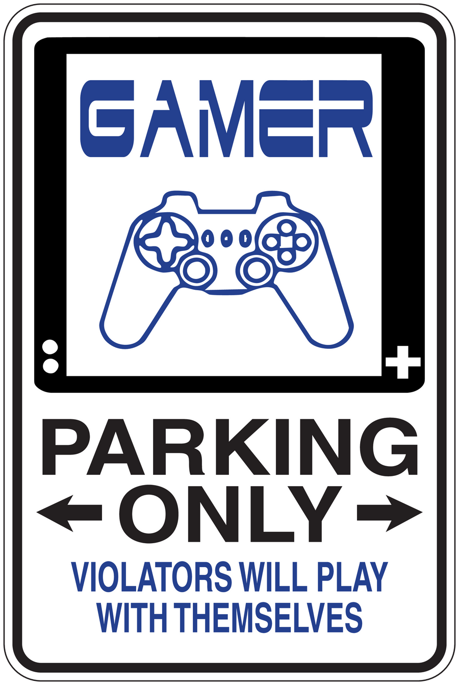 Rectangular gamer parking-only sign sticker with game controller and warning text