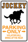 Jockey Parking Only sign sticker with horse icon and orange lettering