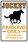 Fun sign sticker with jockey text, horse silhouette, and orange “Parking Only”