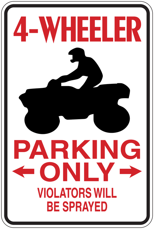 Funny 4-wheeler parking only sign sticker with black ATV silhouette and red warning text