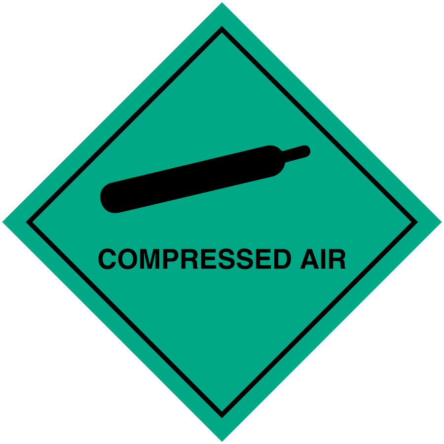 Green diamond hazard safety sign sticker for compressed air, black valve icon and text