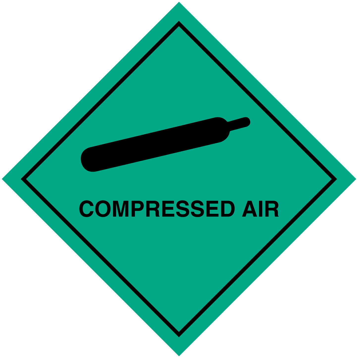 Green diamond hazard safety sign sticker for compressed air, black valve icon and text