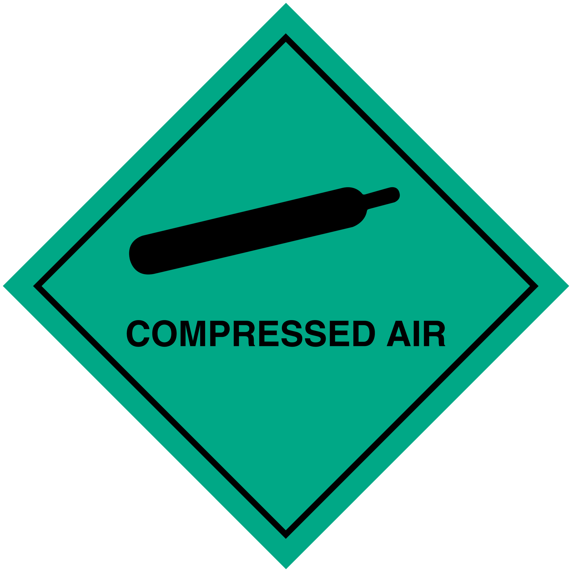 Green diamond hazard safety sign sticker for compressed air, black valve icon and text