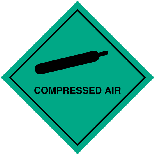 Green diamond hazard safety sign sticker for compressed air, black valve icon and text