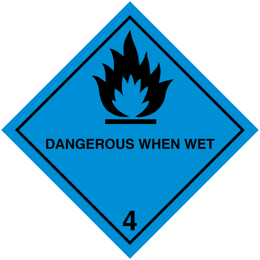 Hazard warning sign sticker: blue flame icon, text 'DANGEROUS WHEN WET', no. 4