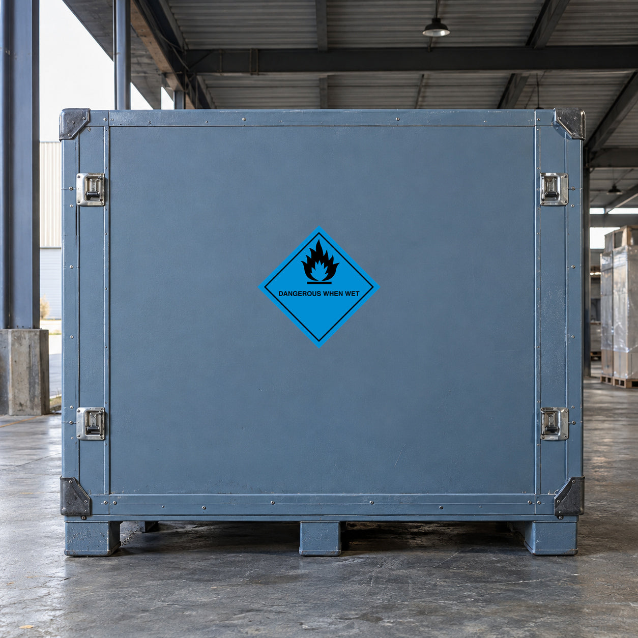 Blue diamond hazard sticker with flame icon and Danger when wet text.